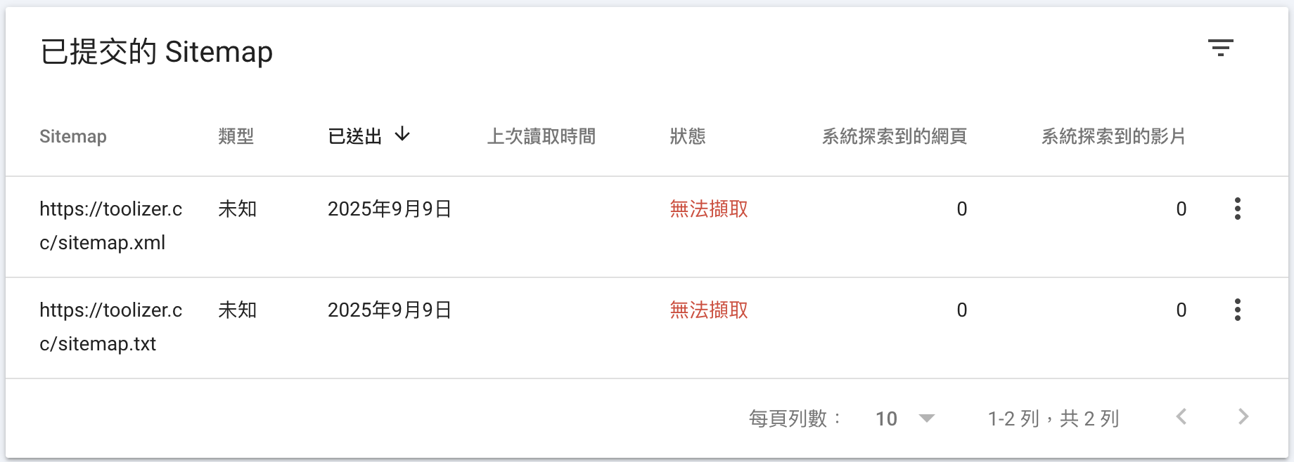 Sitemap 無法擷取的狀態